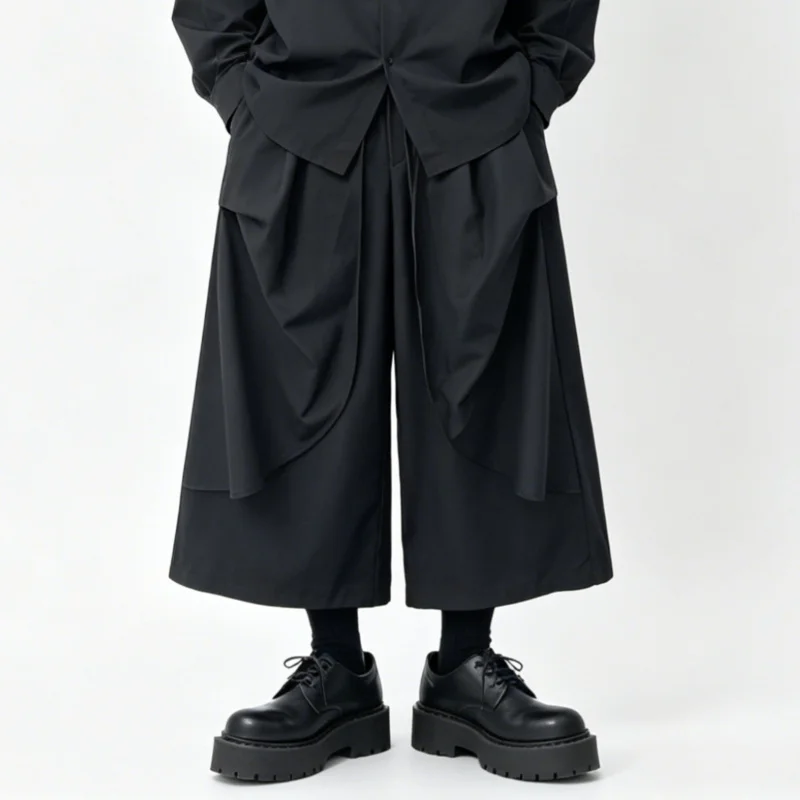 

Men'S Casual Pants, Dark Style, Unisex Wide-Leg Skirt-Pants, Loose High-Waisted Drawstring Cropped Pants B56