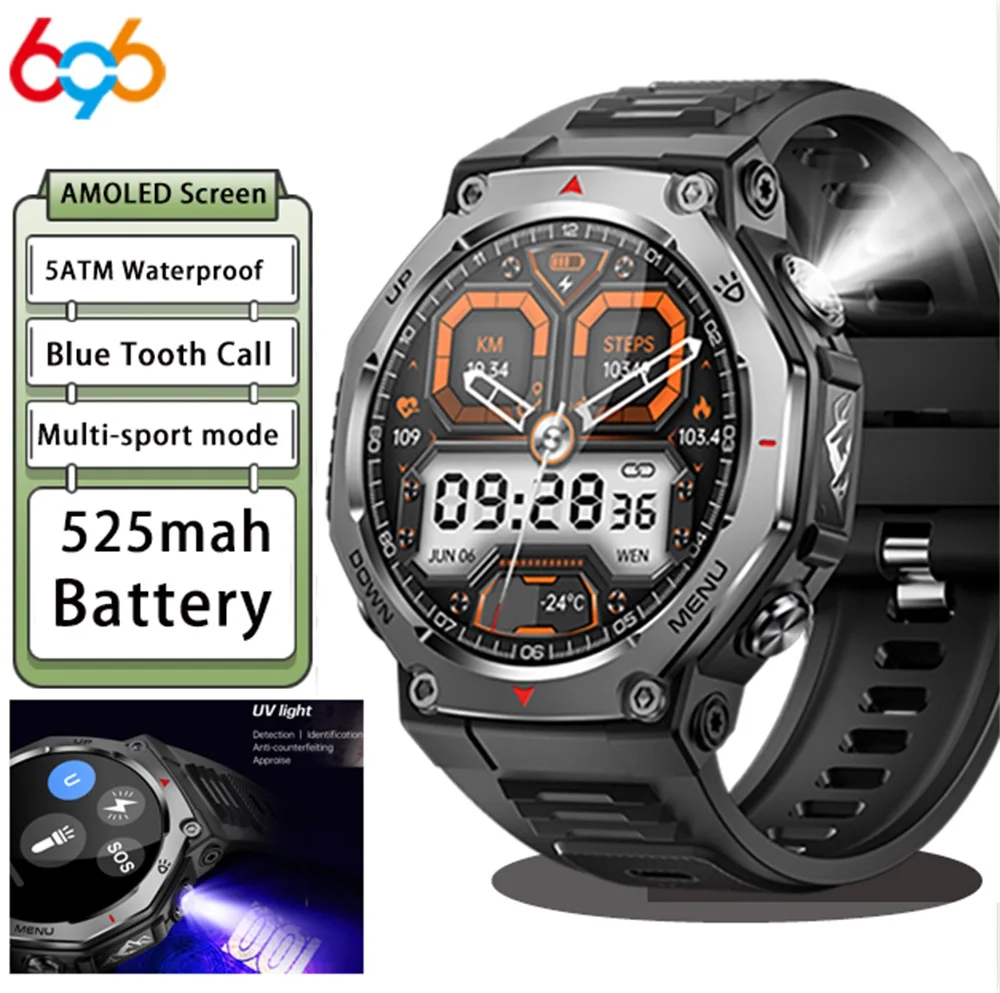 

UV Light LED Flashlight Outdoor Sports Men Women Smartwatches AMOLED Screen Waterproof Blue Tooth Call Smart Watch Stopwatch