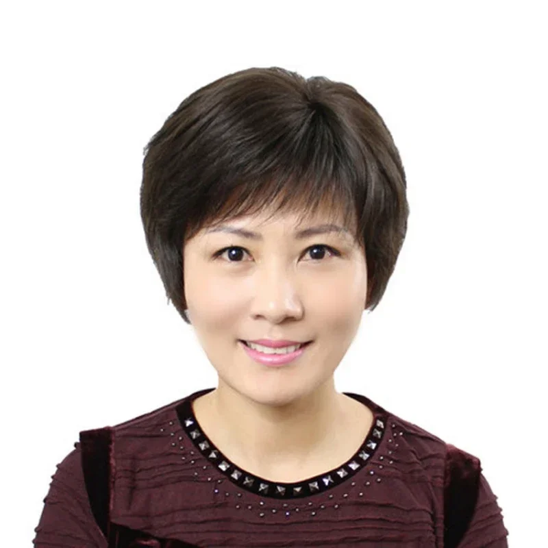 Kurze gerade asiatische Perücke aus Echthaar für Frauen mittleren Alters und ältere Menschen mit Pony, realistische und bequeme Perücke, natürliches Schwarz