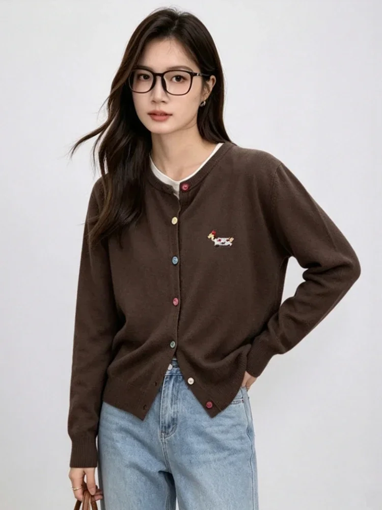 Korean Style Playful Dog‑Graphic Loose Long‑Sleeve Sweater 2026 Autumn Winter Warm Women Knit Cardigan Outerwear For Petite