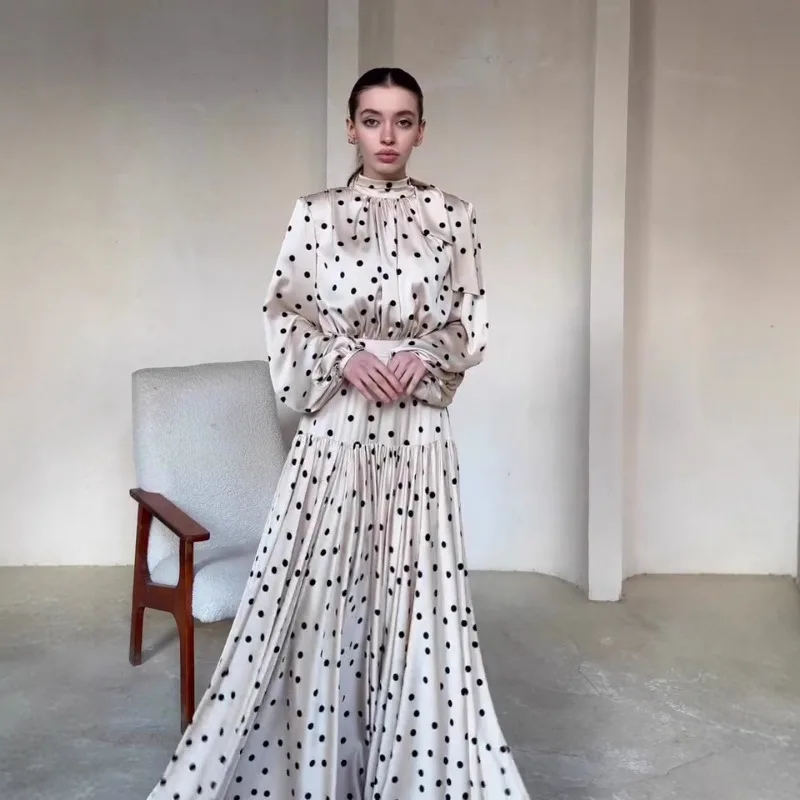

Beige Polka Dot Satin Maxi Dress High Neck Long Sleeve Tiered Ruffle 2026 Spring Elegant Formal Vintage Evening Chic Women Gowns