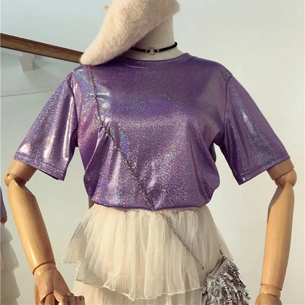 الحلو خمر أزياء الحرير الأعلى الترتر الأرجواني السيدات لامعة فضفاضة تي شيرت الوردي الجمالية Harajuku نادي بأكمام قصيرة