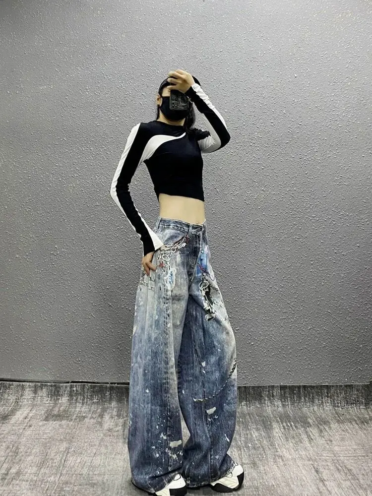 Streetwear Printed Washed Distressed Jeans For Women 2025 New High Waisted Loose Denim Trousers Straight Wide Leg Pants