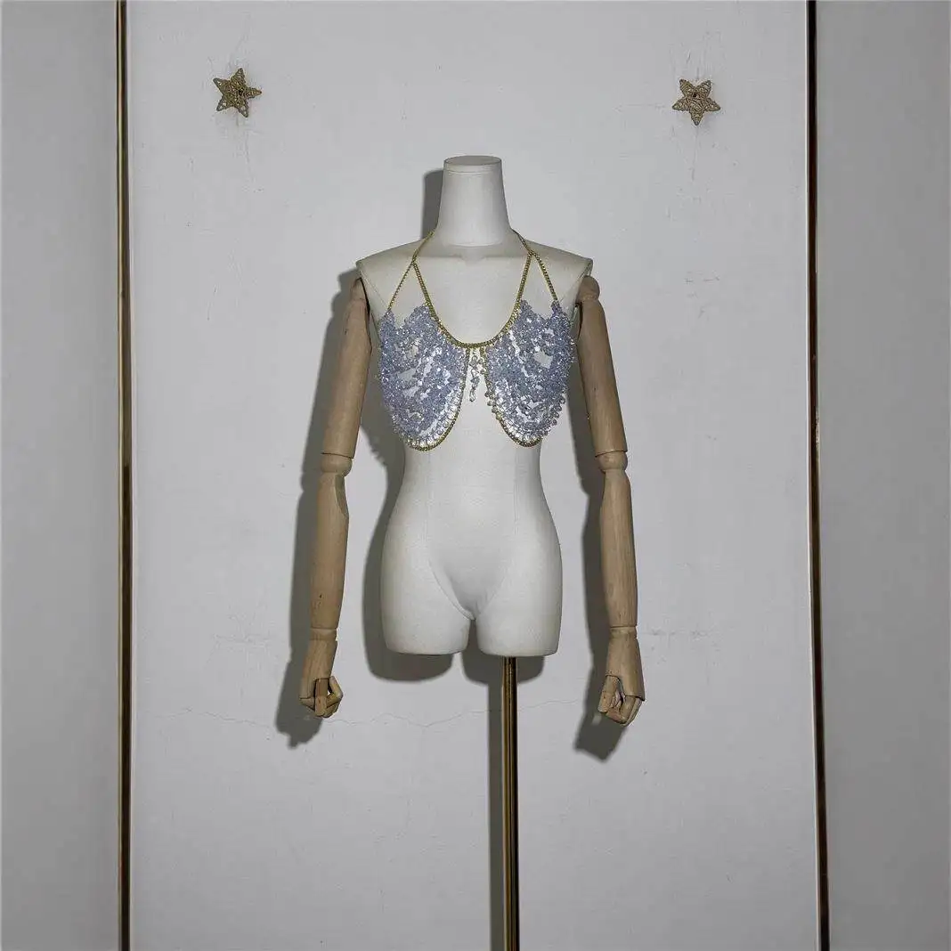

Sexy Hollow out Beaded Chain Strap Top Neck Hanging Backless Chest Decorations Seven Sleeve Length Autumn Season New Arrival