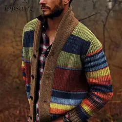 Trendy Mens Knitted Cardigans 2025 Spring Casual Button-up Lapel Sweatercoats Men Vintage Rainbow Striped Sweater Jacket Coats