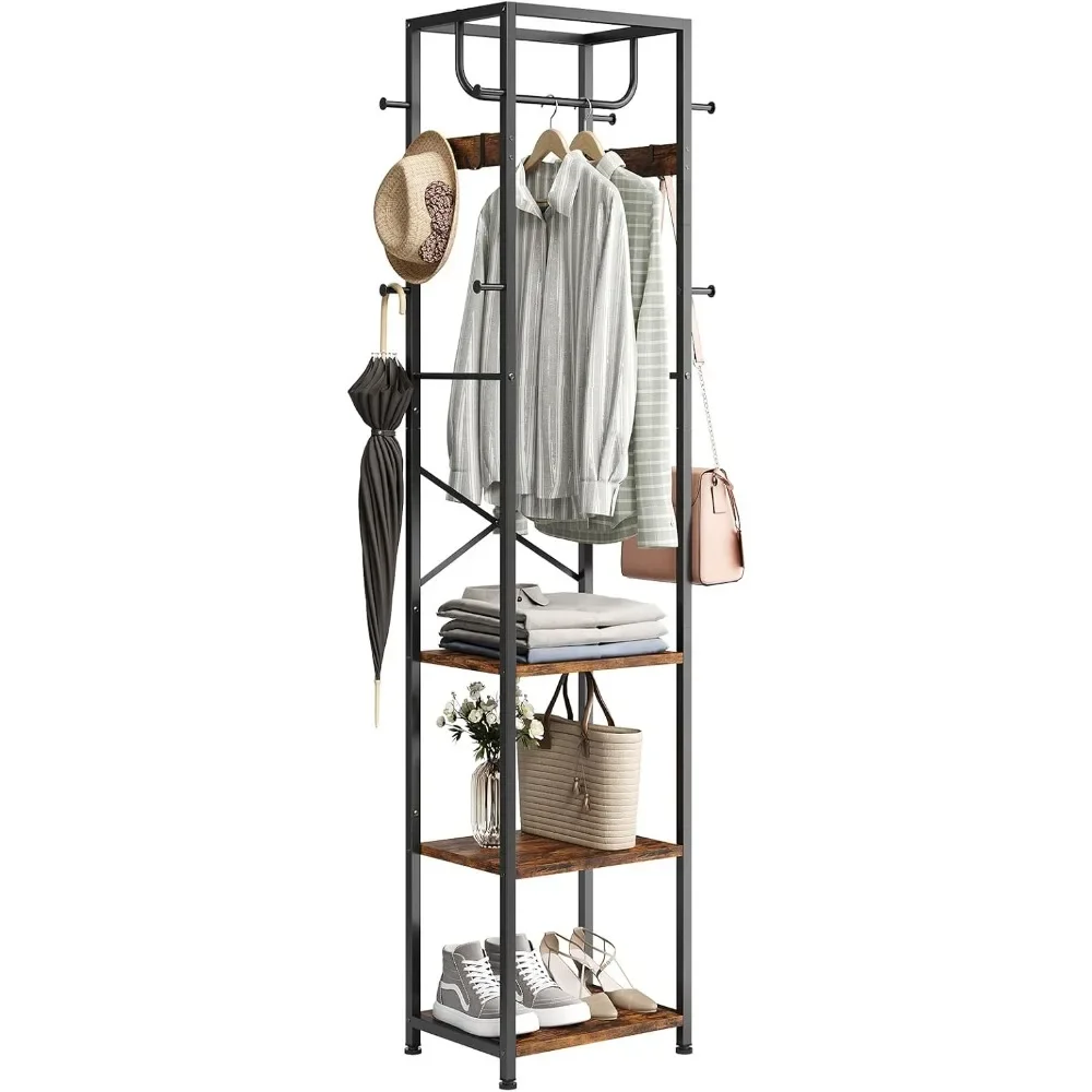 

Coat Rack Freestanding, Hall Tree with 3 Storage Shelves and 12 Hooks, Industrial Clothes Rack Stand Organizer for Bedroom