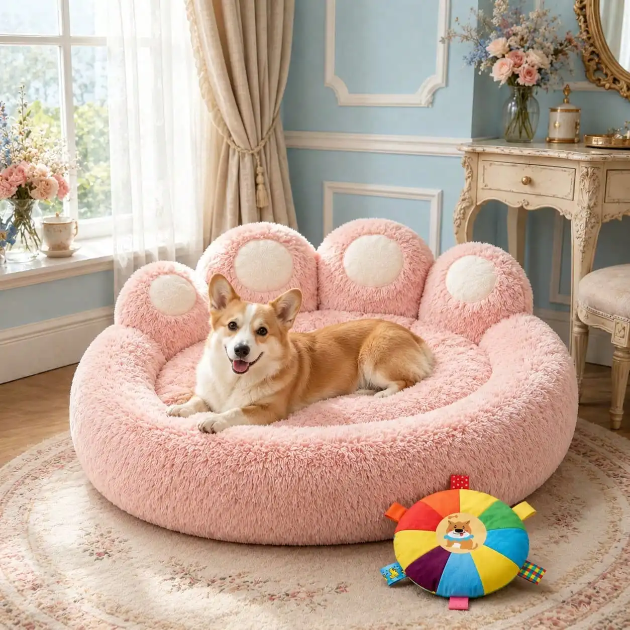 Calming Bear Paw Dog Bed, Fluffy Shaggy Anti-Anxiety Donut Pet Nest For Small Medium Dogs & Indoor Cats