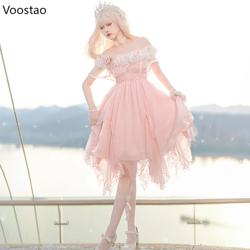 Robe de princesse japonaise Lolita OP pour femme, robe élégante en dentelle rose douce, robes de soirée JOPink, robe dégradée pour fille victorienne, Kawaii