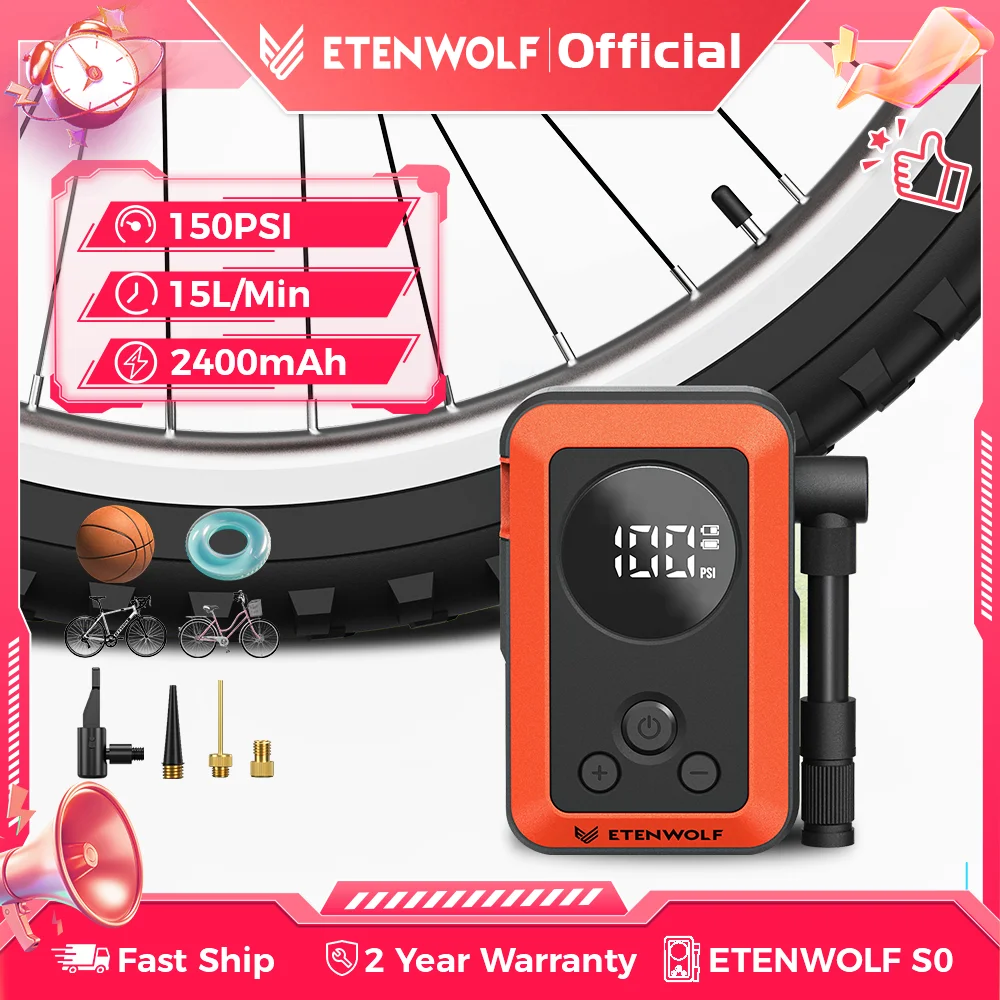 

ETENWOLF S0 Mini Electric Bike Pump 2400mAh Battery with Display 150PSI Portable Cordless Inflator for Mountain & Road Bikes