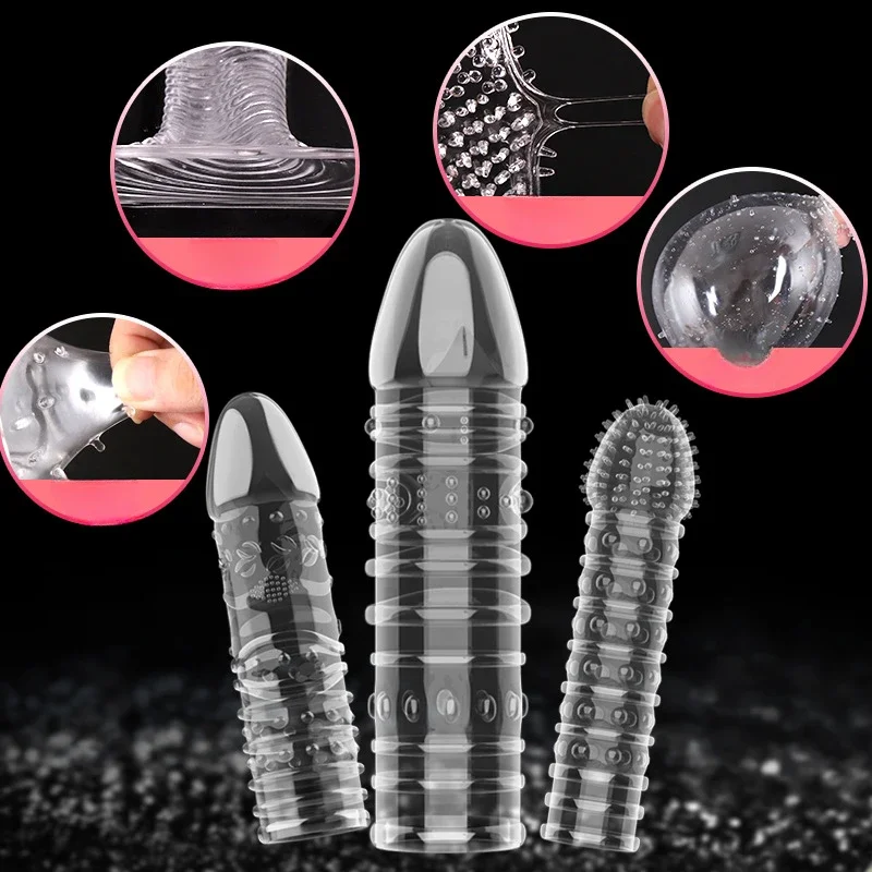 Funda de cristal para agrandar el pene para hombres, Juguetes sexuales, condón extensor de pene de partículas grandes, retraso de la eyaculación, productos sexuales