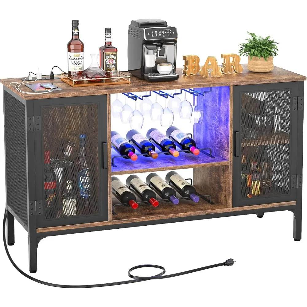 Wine Bar Cabinet with Led Lights and Power Outlets, Bar Cabinet for Liquor and Glasses,Farmhouse Bar Cabinet, Rustic Brown