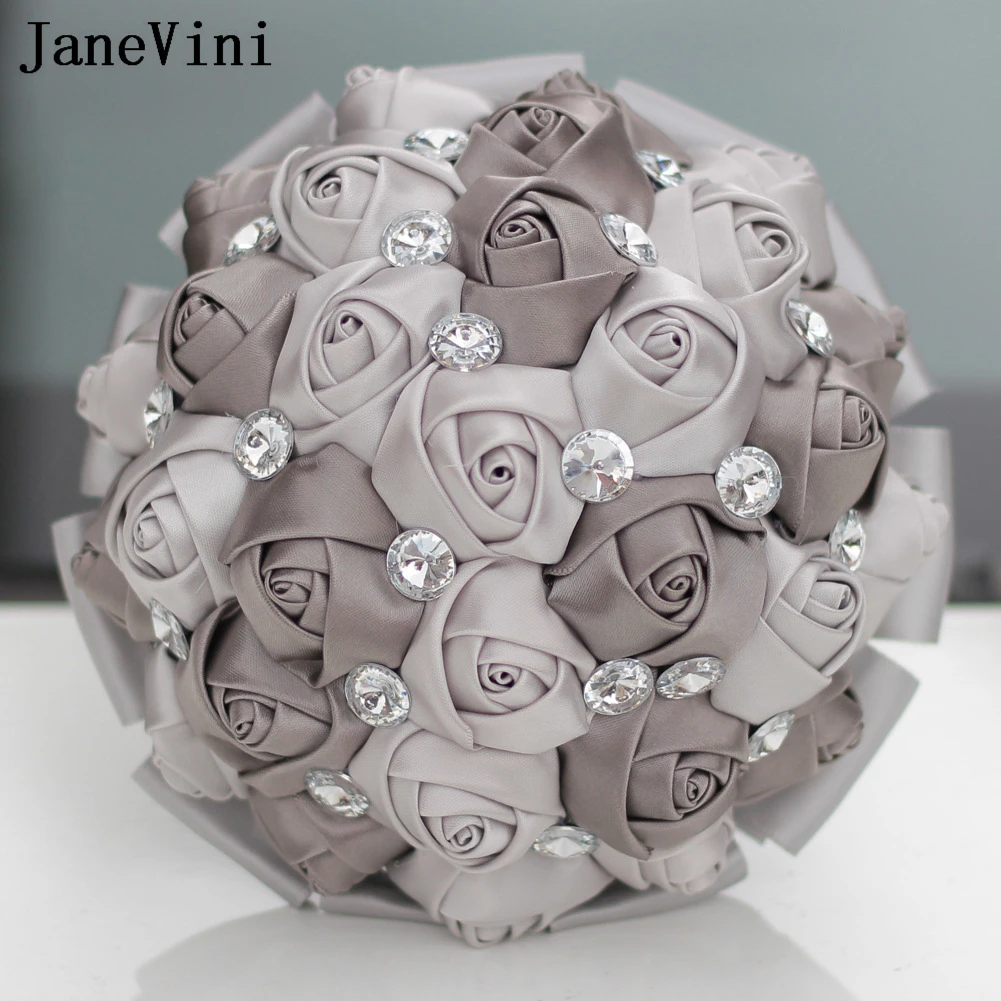 JaneVini 15CM Grey Flower Girl Bridesmaids Bouquet with Crystal Satin Bridal Bridesmaid Wedding Bouquets Ramos De Flores Novia