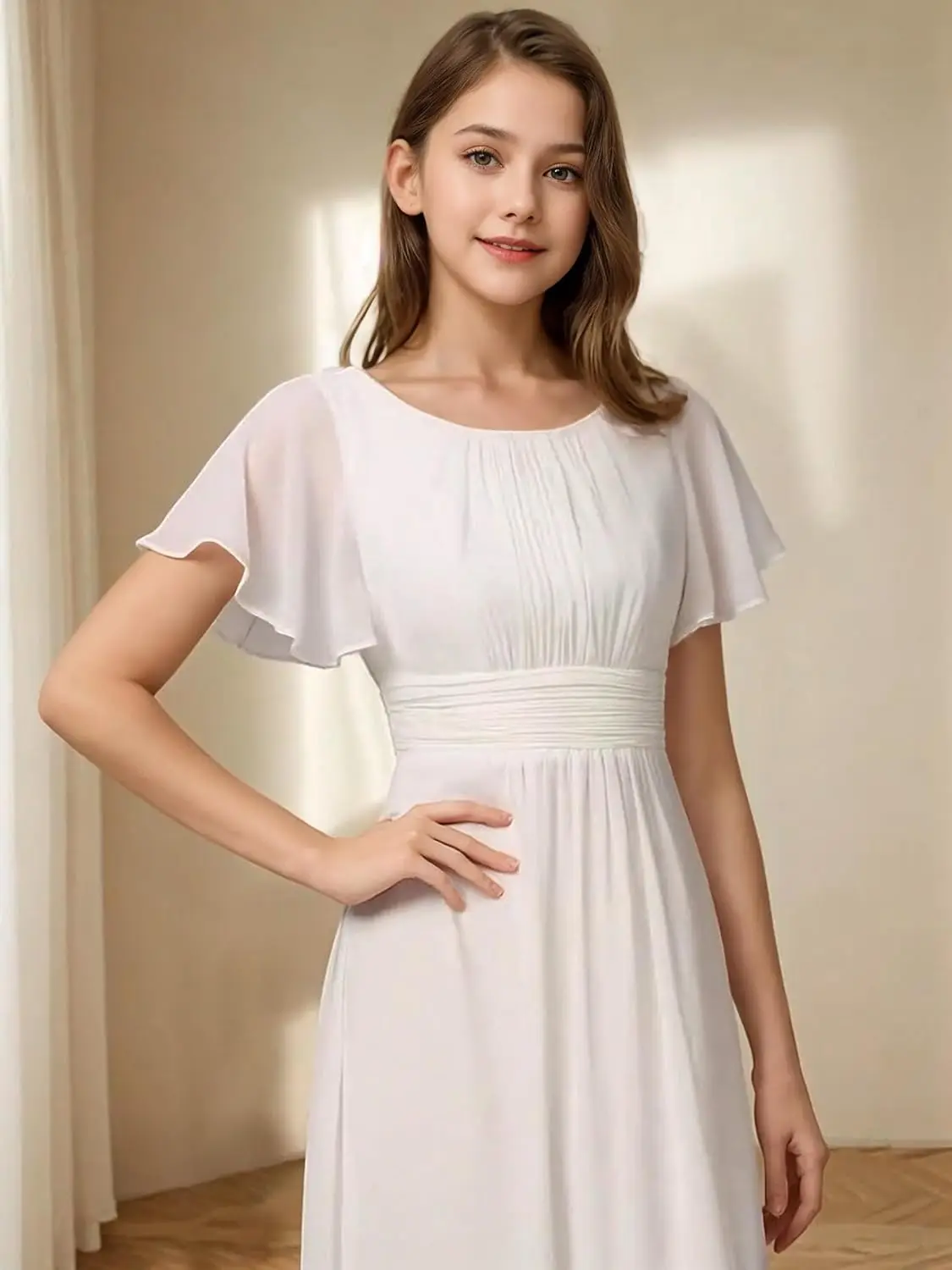 A-lijn Junior Bruidsmeisjesjurken Korte mouwen A-lijn Chiffon Bloemenmeisjesjurk Afstudeerjurken voor meisjes Formele jurk