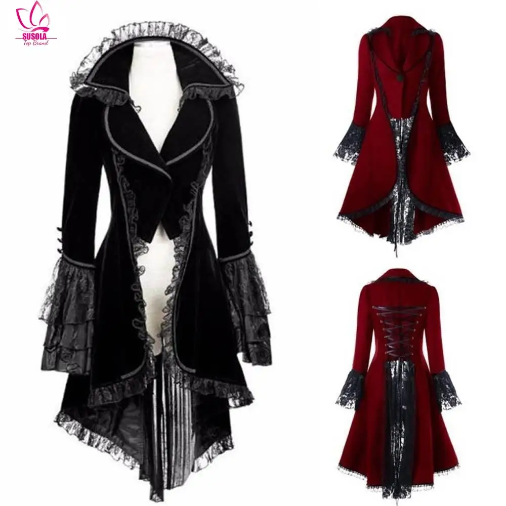 

SUSOLA Women Vintage Medieval Steampunk Coat Long-sleeved Bandage Lace Stitching Halloween Gothic Overcoat Tailcoat Outwear