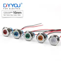 16MM waterproof metal indicator LED lamp power signal strip line 3V 6V 12V 24V 110V 220V red/yellow/blue/green/white