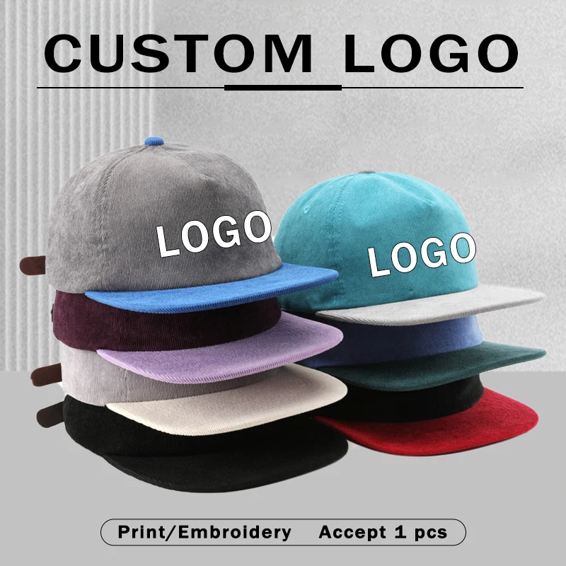 Contrast Color Corduroy Baseball Cap Unisex Flat Brim Snapback Hat Retro Two‑Tone Hip Hop Streetwear Adjustable Caps Custom Logo