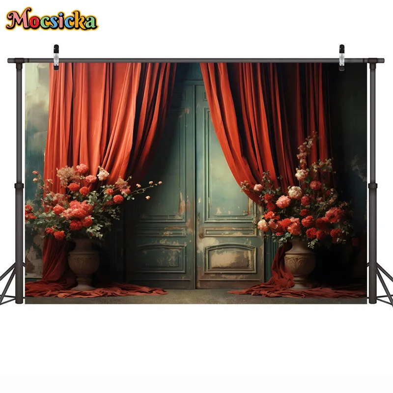 Vintage Portrait Photography Backgrounds Red Curtains Dark Green Walls Flowers Women Maternity Photo Backdrops Studio Photocall