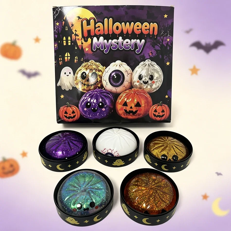 5Pcs Halloween Mystery Squishy Toy Glitter Pumpkin Ghost Eyeball Stress Bun Fidget Squeeze Gift Trick Or Party Surprise In Stock