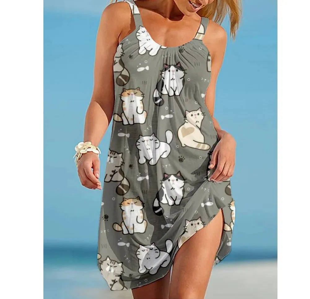 Kawaii Cat Dog Print Women Dress Vintage Woman Beach Dress Sling Midi Sleeveless Dresses Boho Soft Streetwear Girls Night Dress