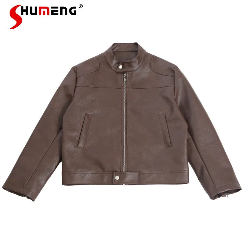 

Trendy Solid Color Stylish Men's Leather Jackets 2026 Spring New Stand Collar PU Leather Coats Male Handsome Solid Color Jackets