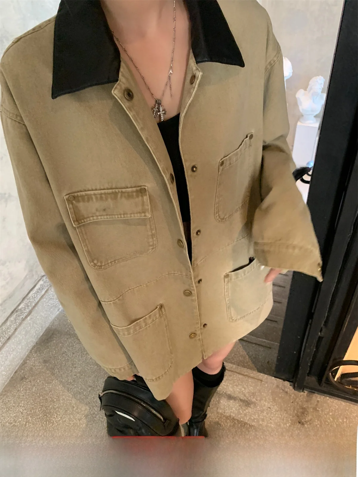 

GV Big Brother Heavyweight Workwear Sle Leather Collar Color Blo Denim Jaet Street Faion Long Sve Women's Top Spring