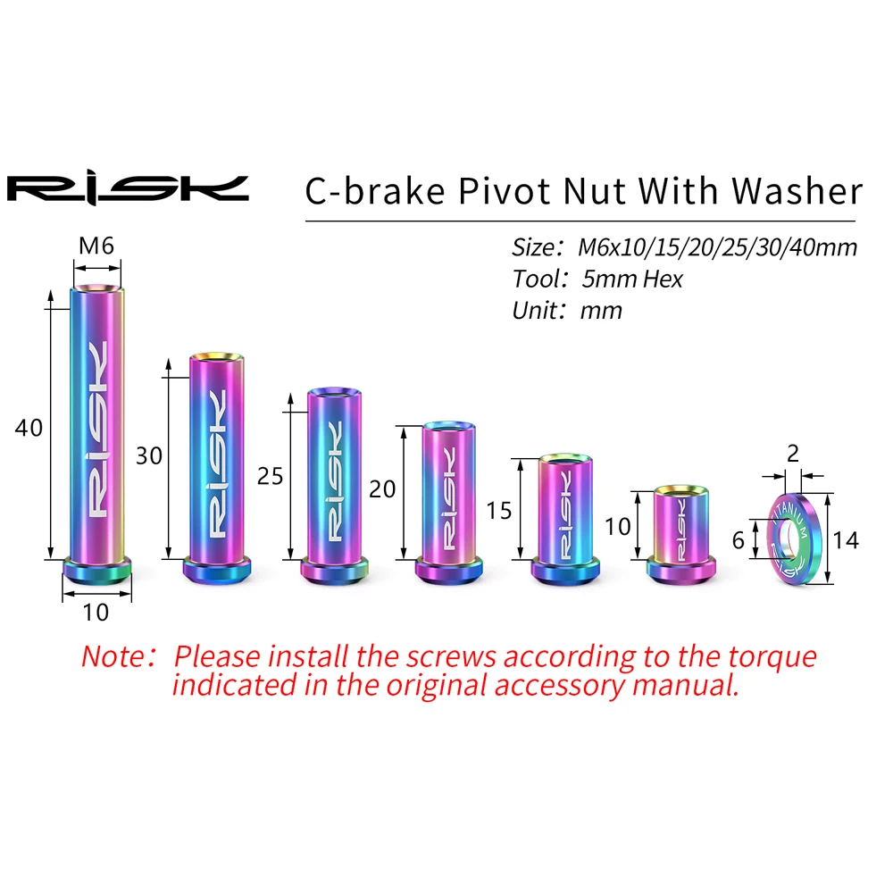 RISK Road Bike C Brake Pivot Center Nut with Washer c Front Rear Brake Caliper Screw Bolt Titanium Alloy M6x10/15/20/25/30/40mm