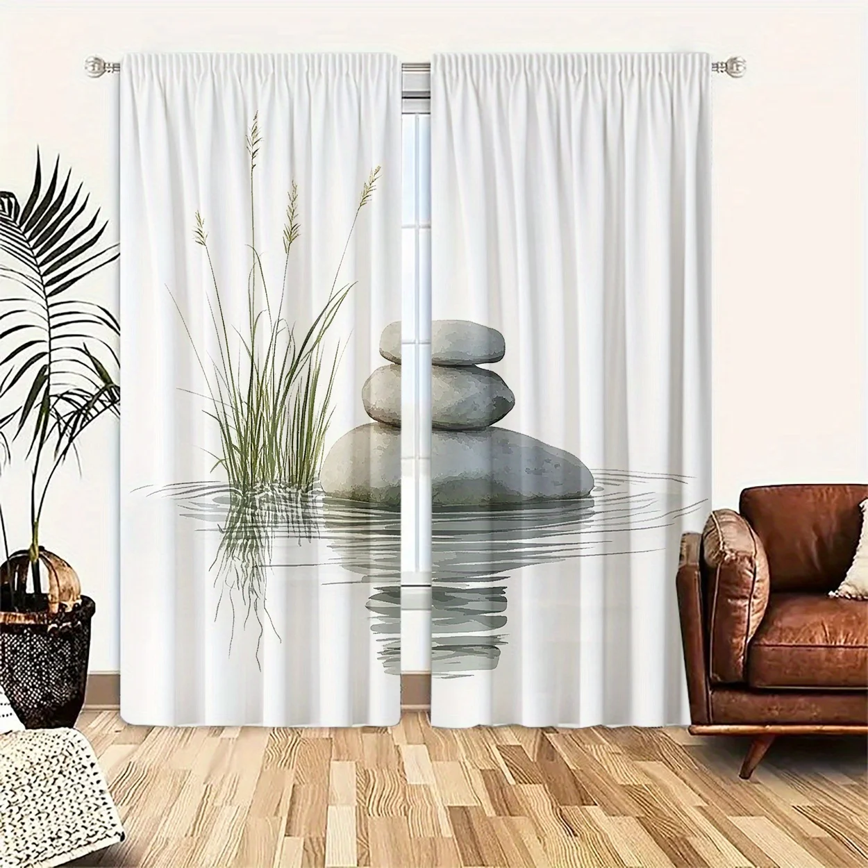 Japanese Zen Stone Curtain 2 Panels,Balance Pebble Reed Water Reflection Allover White Print,Curtains for Lounge Kitchen Curtain