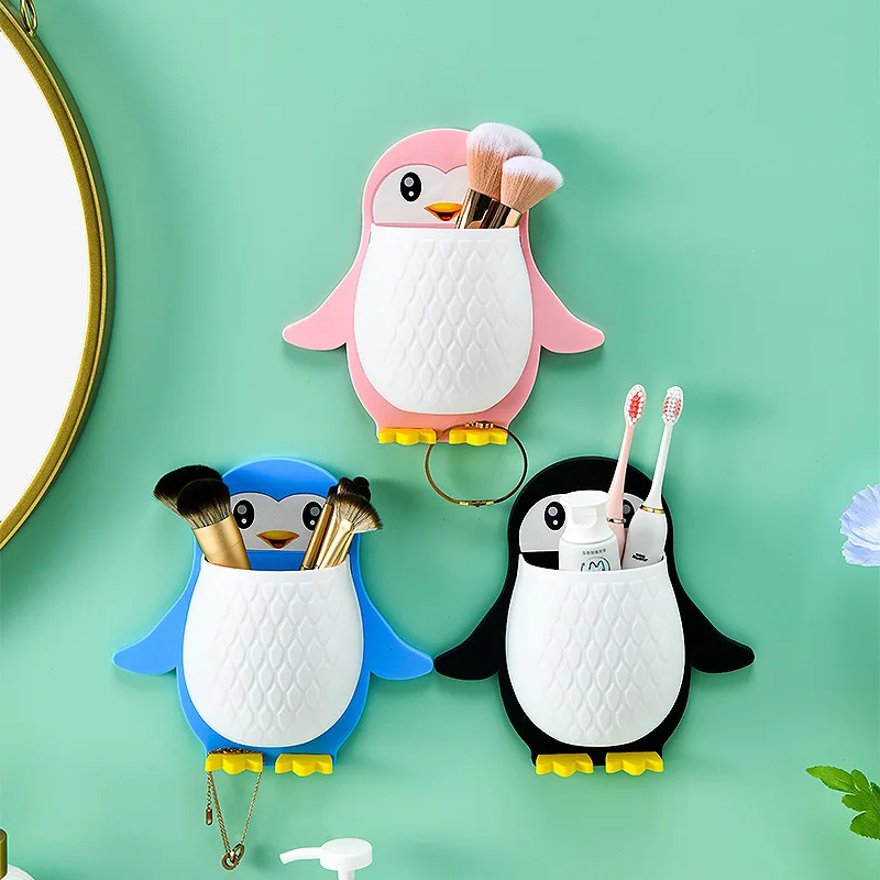 1 Stück Multifunktionales Aufbewahrungsregal Ohne Bohren Wandmontierter Organizer für Badezimmer Küche Waschtisch Niedliche Pinguin-Form Wandaufbewahrungsbox
