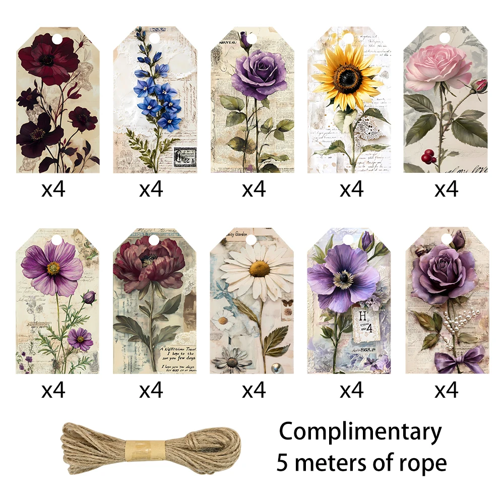40 piezas, etiquetas decorativas de rosas, etiquetas de regalo, decoraciones para fiestas, tarjetas de bricolaje, decoraciones de embalaje, tarjetas de fiesta, hilo de regalo