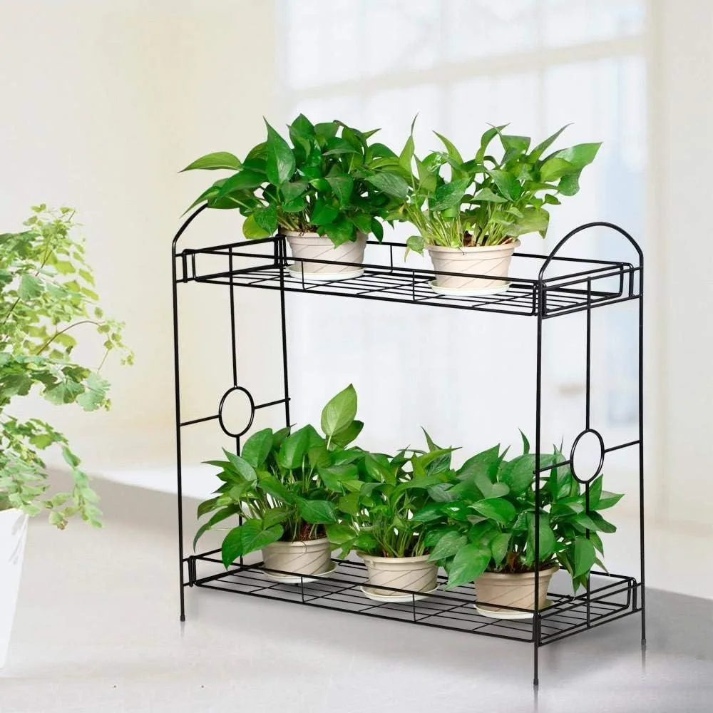 2-Tier Metal Plant Stand Outdoor/Indoor Flower Stand Rack w/Tray Design for Garden and Home（Black, 33.5Wx 13.4D x 31.9H in）