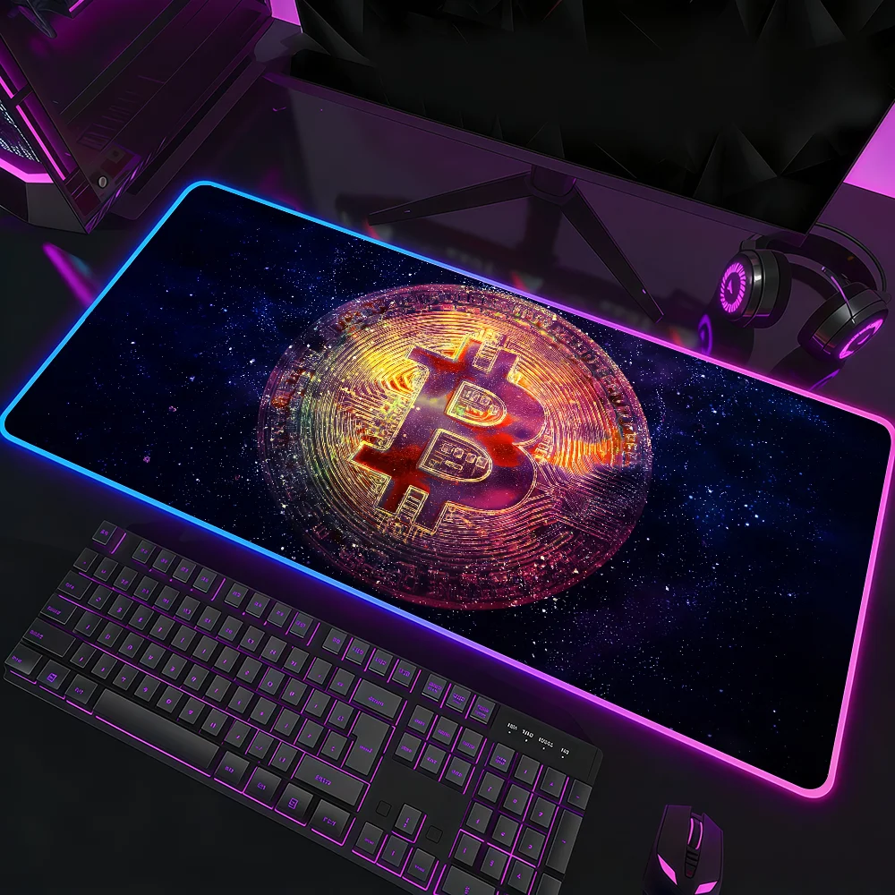 Art Bitcoin Finance Mouse Pad RGB LED Light Colorful Game Keyboard Non-slip Cover Desk-mat Surface Waterproof