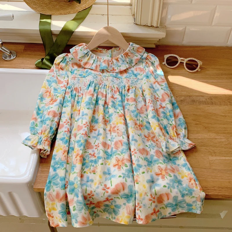 Children's Clothing Lotus Leaf Collar Handmade Gathered Printed Girls' Dress2025Autumn New Sweet Long Sleeve Princess Dress