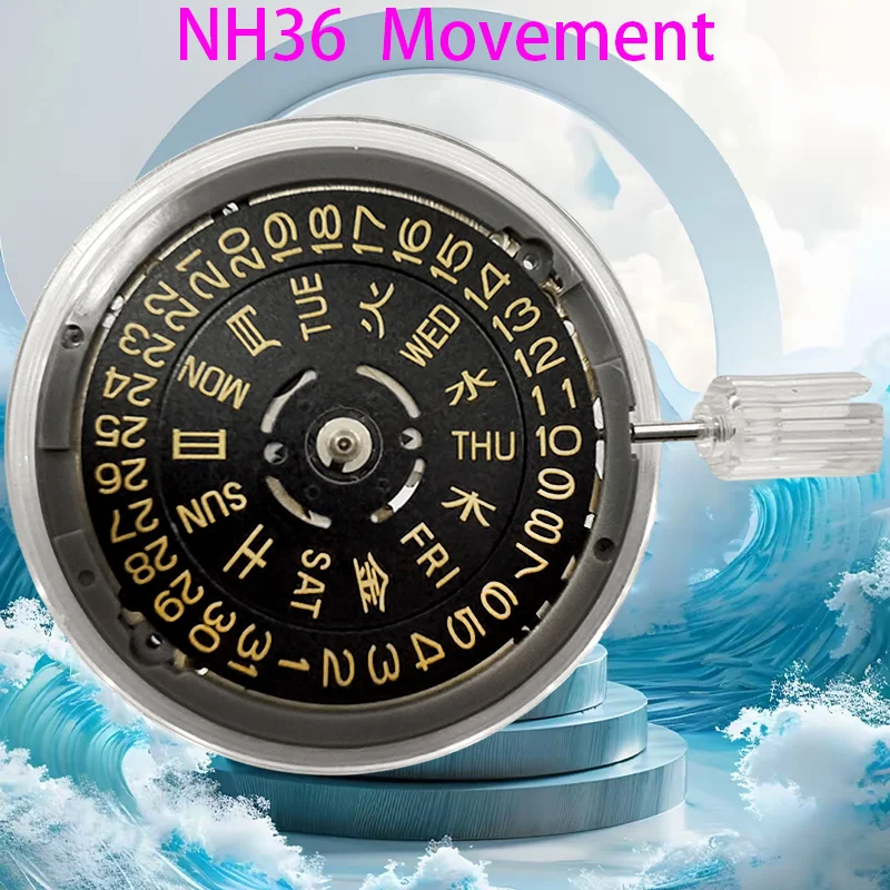 Original Black White and Gold Calendar 24 Jewels NH36 Automatic Movement Crown at 3.0/3.8 /4.1O'Clock NH36A Watch Parts Stem Set - view 4