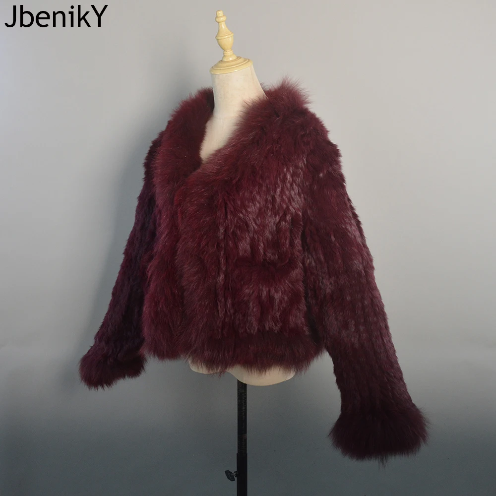 

Новая натуральная вязаная шаль из натурального кроличьего меха с воротником из лисьего меха, женская модная вязаная куртка, накидка