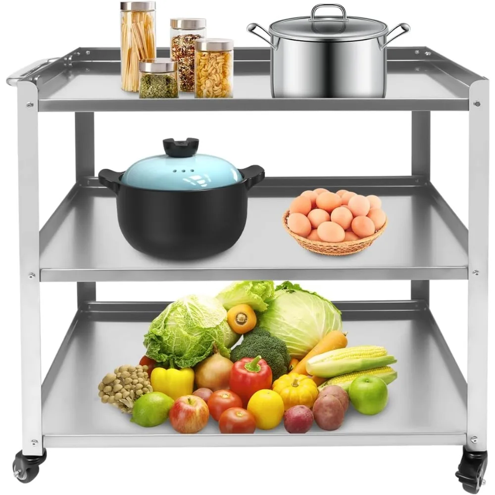 3 Tier Stainless Steel Kitchen Utility Cart, Kitchen Rolling Carts Serving Cart Storage Trolley Serving Cart with Wheels &Handle