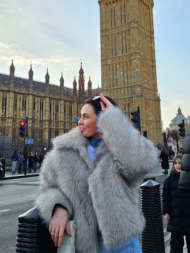 Grijze revers nepbont korte jas damesmode pluizige lange mouw zak met ritssluiting losse thermische jassen dame 2025, dagelijkse woon-werkkleding