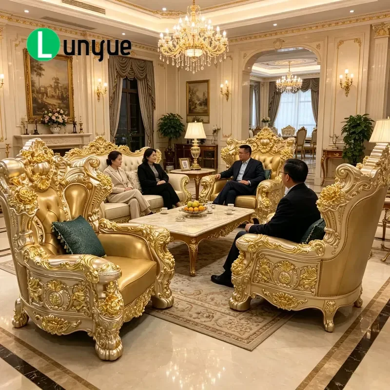Custom Luxury European Gold Carving Solid Wood Classic Leather Sofa Set For Living Room Furniture High End Home Decor