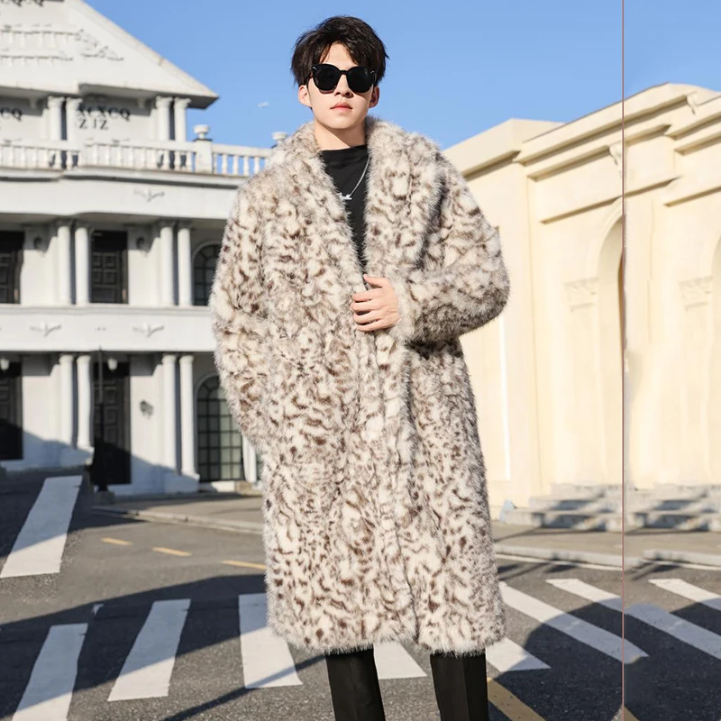 PFHQ Men's Imitation Mink Fur Long Knee Length Coat Thickened Warm Leopard Pattern Windbreaker  ﻿2024 Male Tops 21Z5560