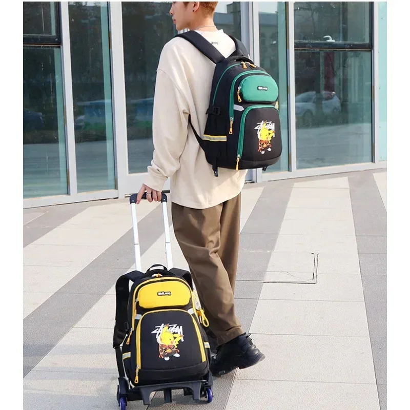 MINISO Pokemon Pikachu Kids Boys School Bag TwoWheel Six- Wheel Trolley Backpack Student Insulated Lunch Box Stationery Box