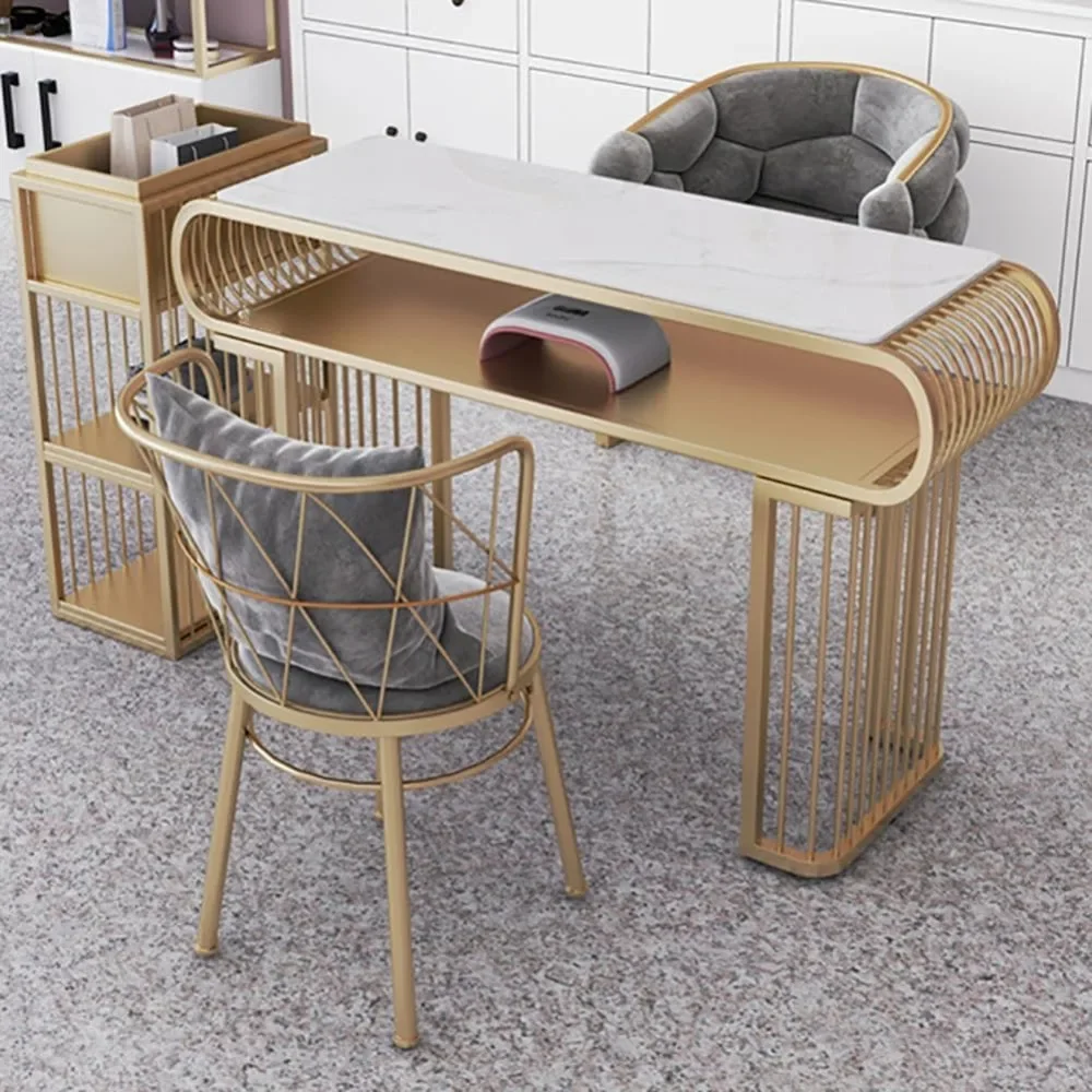 

White Marble Table, Gold Metal Frame Nail Workstation, Stylish Double-Layer Nail Workstation, Nail Salon Table, Beauty Salo