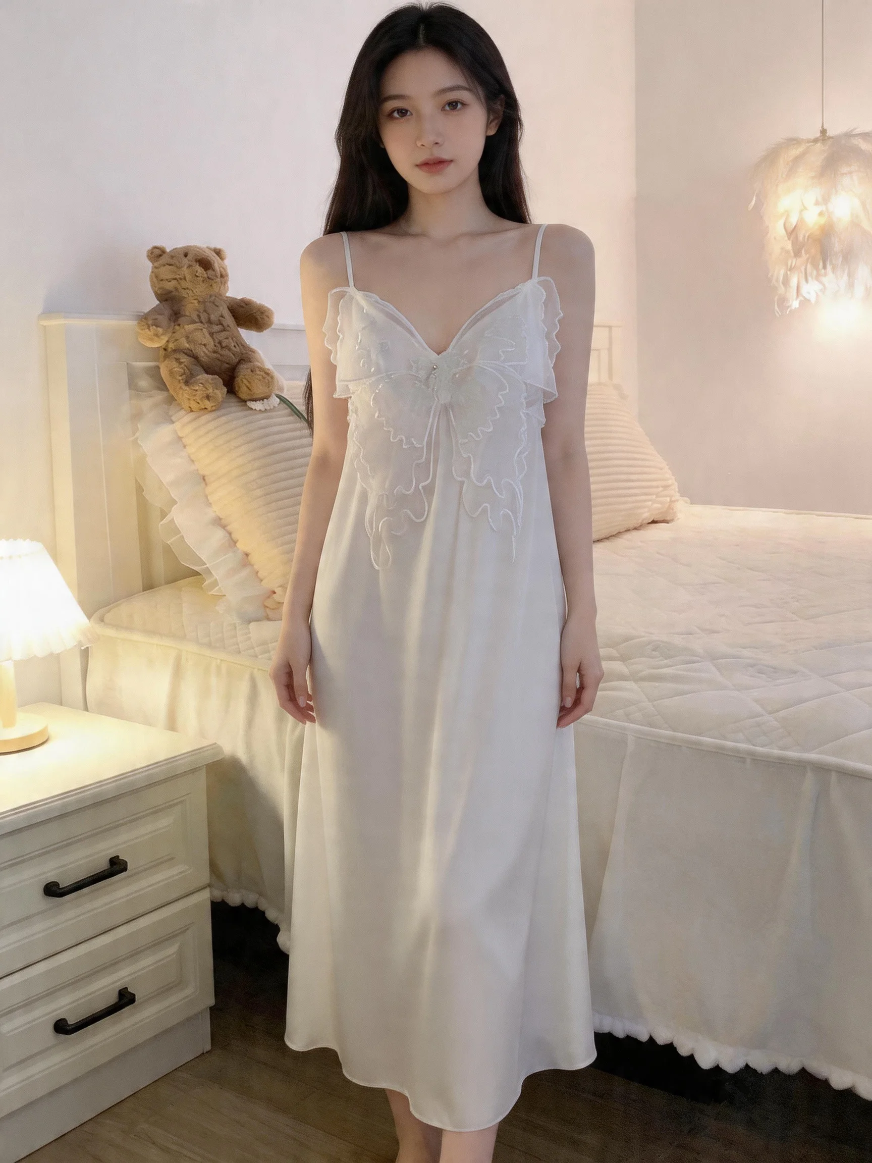 

Сексуальная женская ночная сорочка на бретельках с чашечками, шелковым бантом и кружевом, белая, средней длины, для сна и дома, пижама в корейском стиле, милая