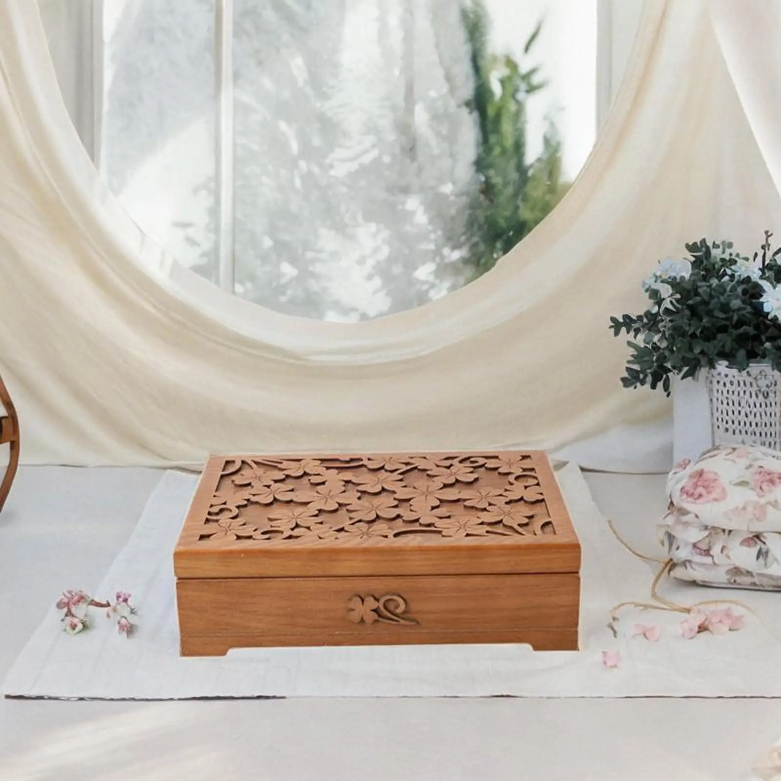 Wooden Jewelry Box Keepsake Gift Box Rectangle Multifunctional Collectible