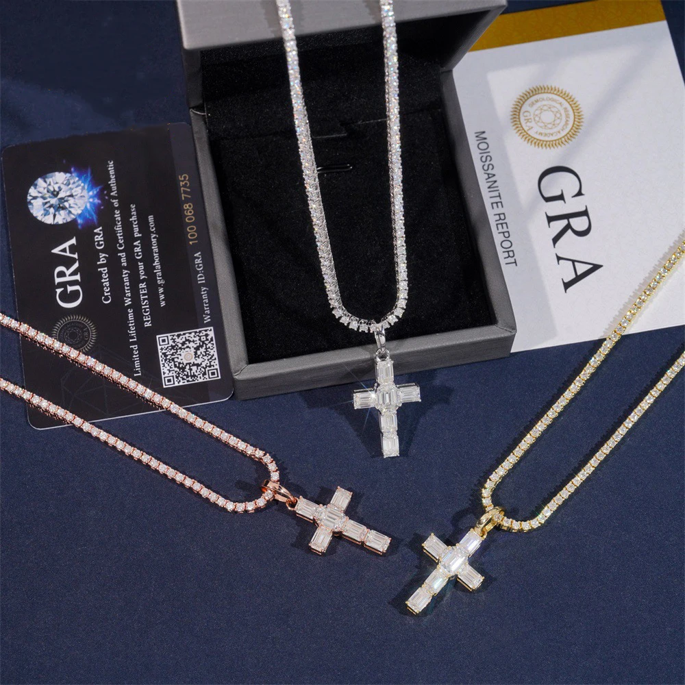 Moissanite S925 Silver Cross Pendant Baguettes Iced Out For Men Women Necklaces Hip Hop Jewelry Pass Diamonds Tester With GRA