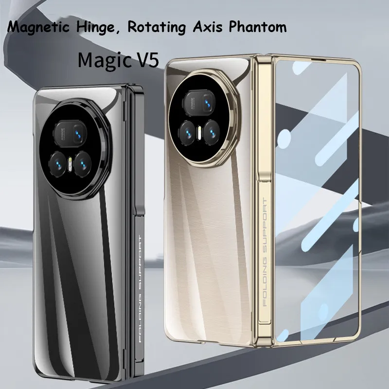 

Прозрачный чехол Phantom с гальваническим покрытием для Huawei Honor Magic V5 5G, складной шарнир, магнитный вращающийся держатель, противоударный защитный чехол