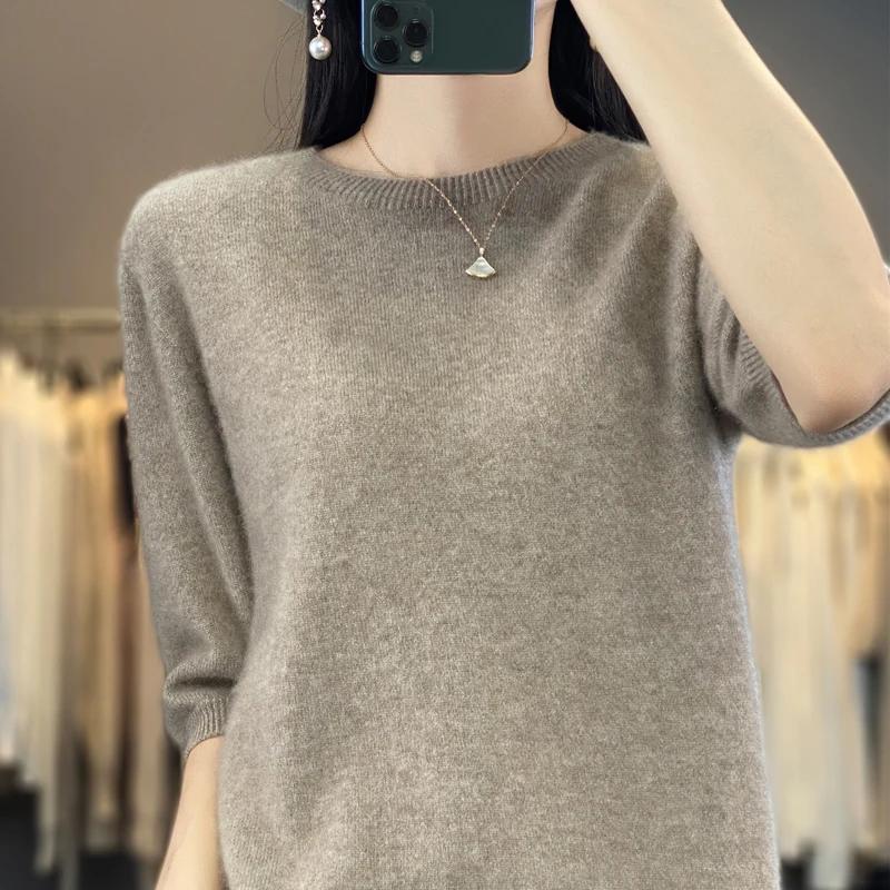 2024 New Summer Women's cashmere sweater O-neck short sleeved women's knitted short sleeved solid color casual short sleeved