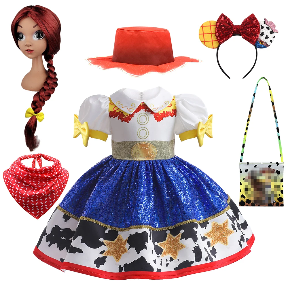 2023 Baby Girls Halloween Jessie Dress Up Child Cowboy Woody Cosplay Costume Birthday Party Puff Sleeve Princess Dress Hat Scarf