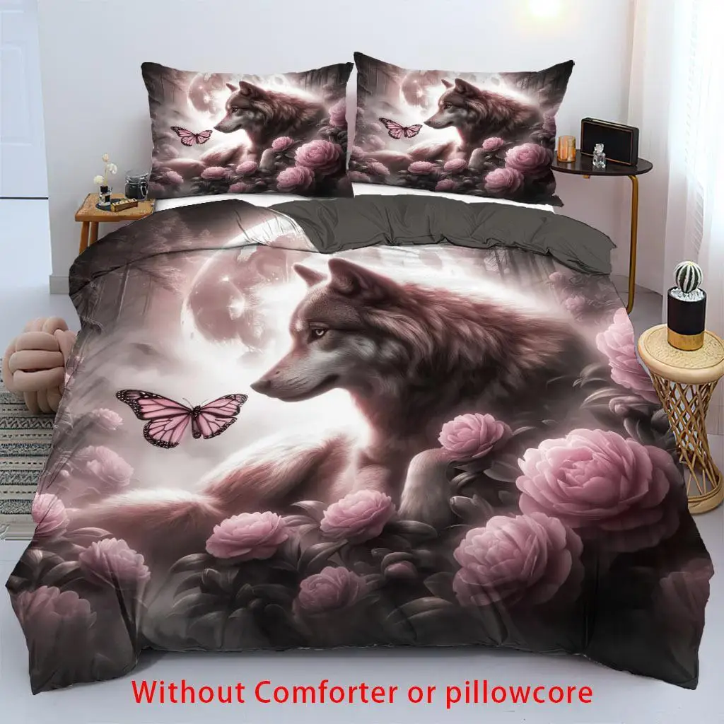 3pcs Quilt Cover Set Rose Fantasy Wolf Print Duvet Cover Set, King Queen Style Bedding, Polyester Machine Washable Birthday Gift