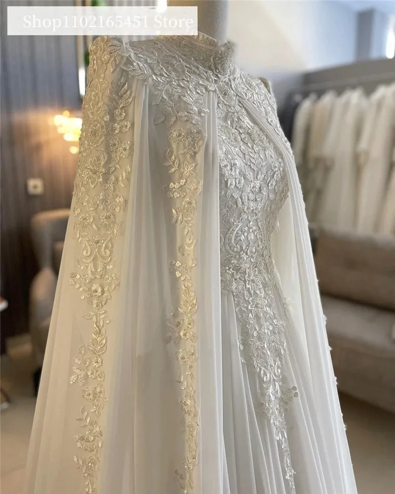 Princess Muslim Wedding Dresses with Cape Chiffon Lace Bride Dress Sequins Appliques Country Bridal Gowns Robe De Mariage