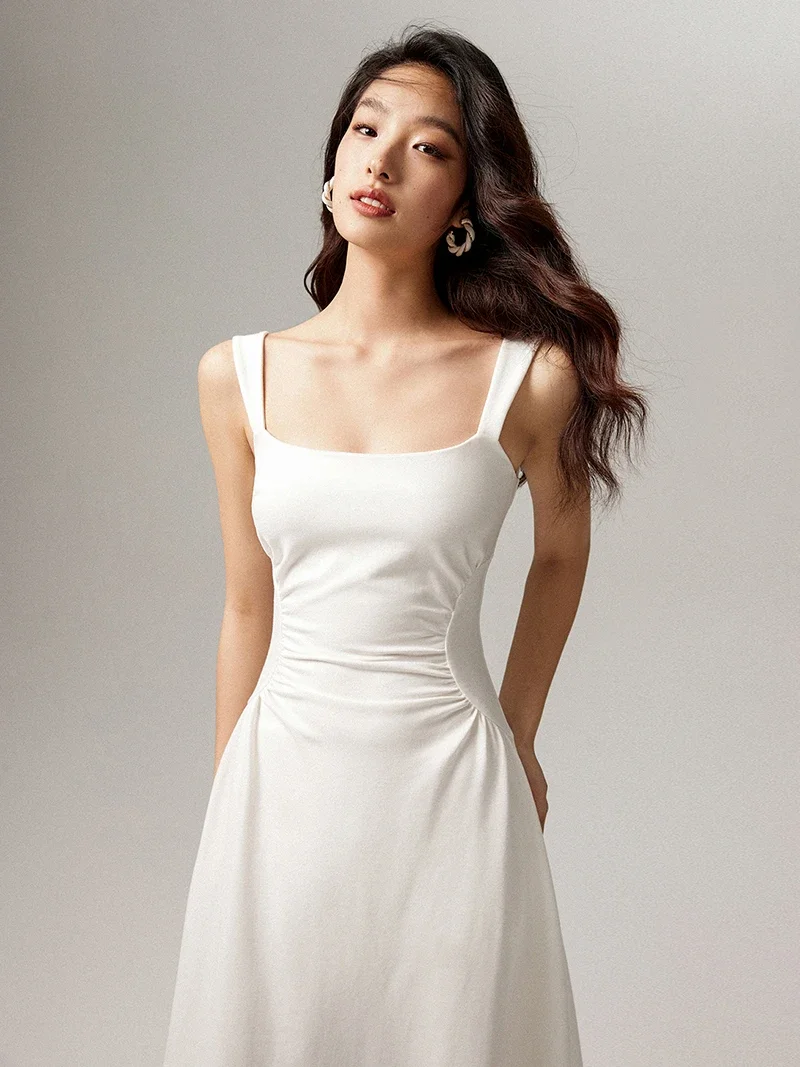 fashion summer White Strap dresses 2024 Pleated Design High Waist Sleeveless Midi Dress for Women's Korean high quality clothing