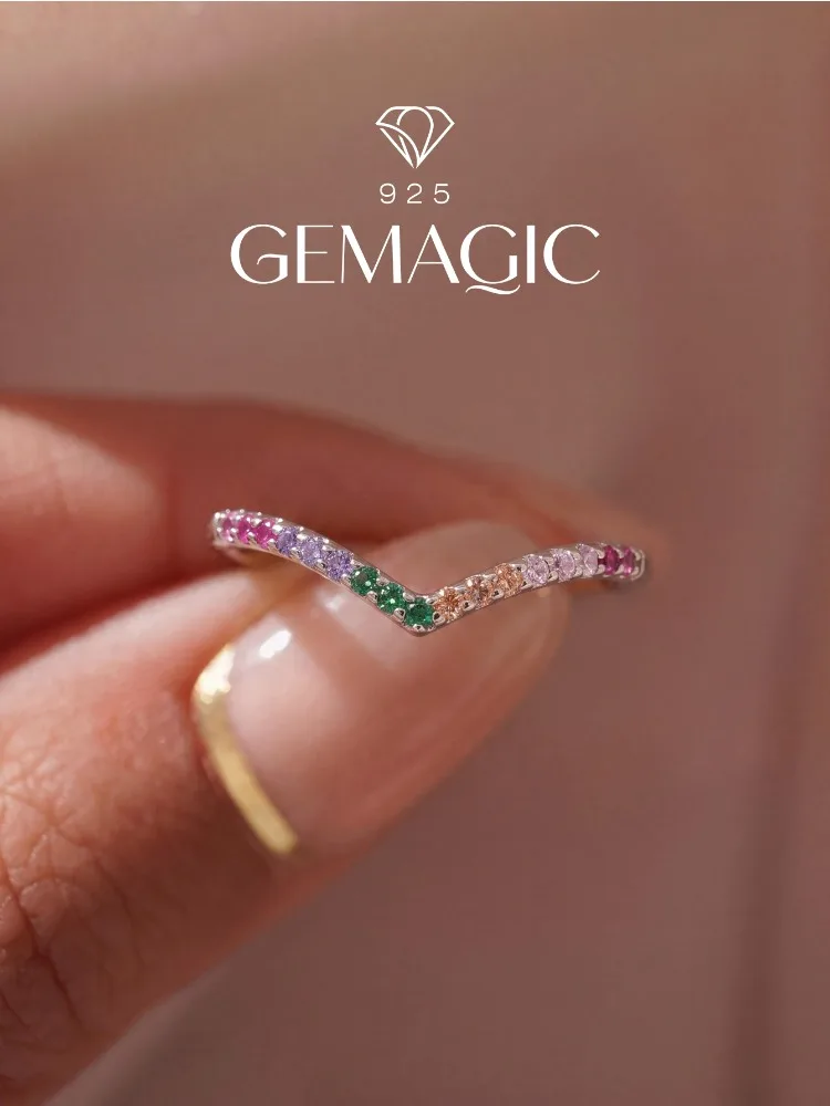 925 Sterling Silver Classic V-shaped Shiny Full Colored Zircon Thin Ring For Women Anniversary Party High Quality Fine Jewelry